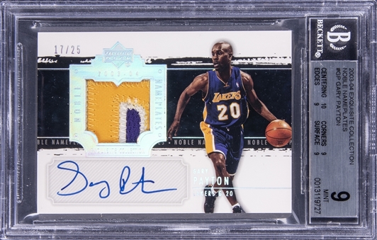 2003-04 UD "Exquisite Collection" Noble Nameplates #GP Gary Payton Signed Patch Card (#17/25) - BGS MINT 9/BGS 10